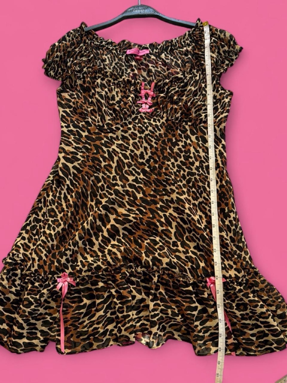 Y2k Vintage Betsey Johnson Leopard Print Dress with Pink Ribbon Accents - Picture 5 of 8